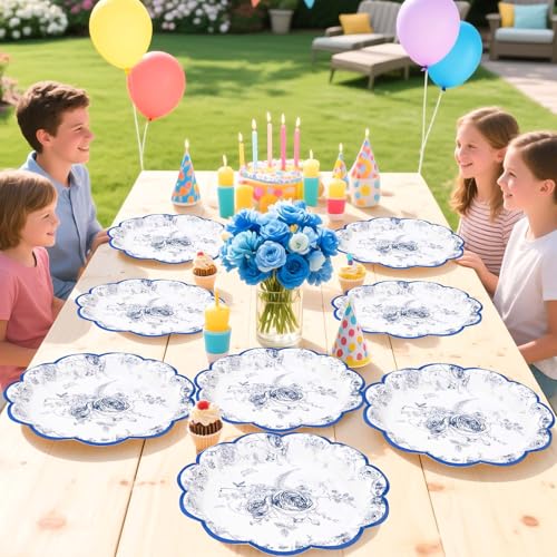 100 Pcs 9-inch Blue Floral Party Paper Plates - Grencian