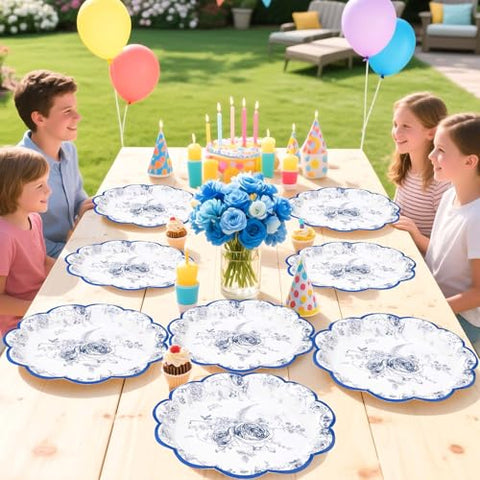 100 Pcs 9-inch Blue Floral Party Paper Plates - Grencian