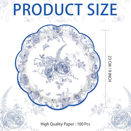 100 Pcs 9-inch Blue Floral Party Paper Plates - Grencian