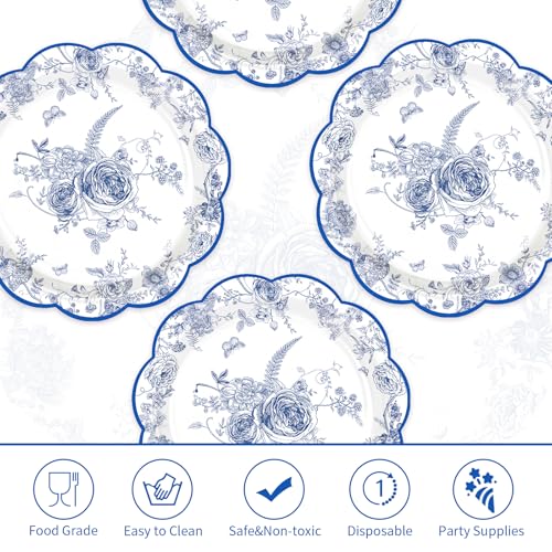 100 Pcs 9-inch Blue Floral Party Paper Plates - Grencian