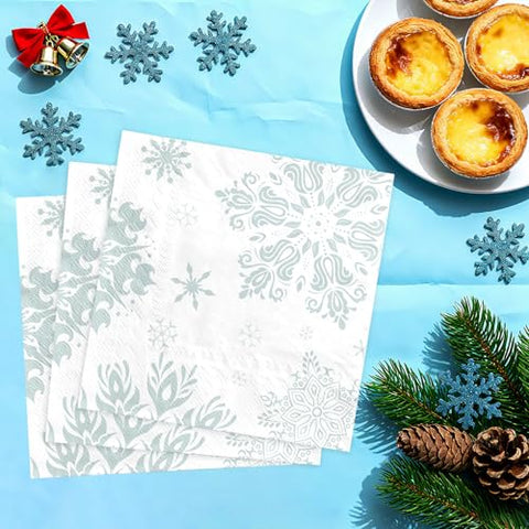 100 Pcs Blue Snowflake Square Party Napkins - Grencian