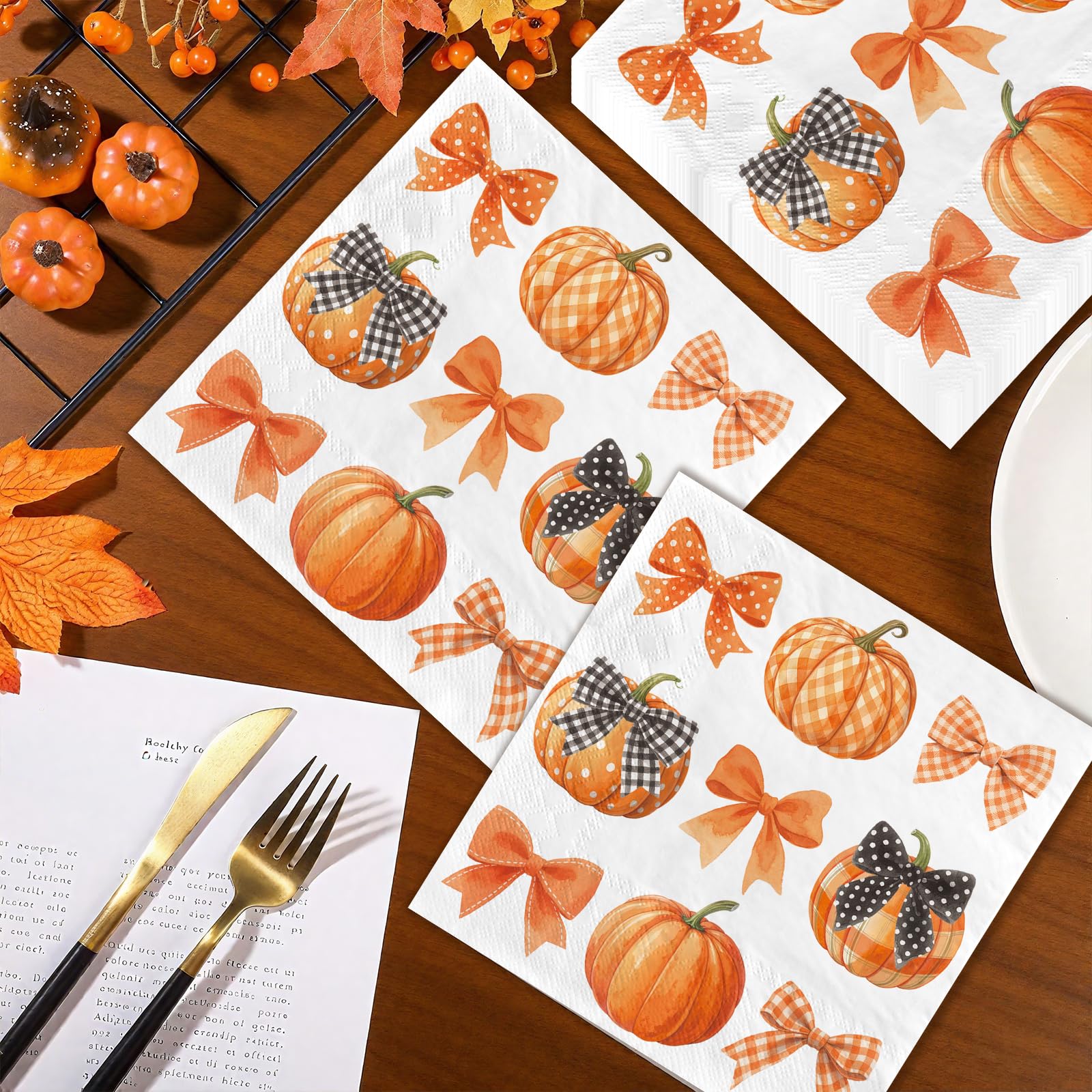 100 Pcs Bow Pumpkin Party Napkins - Grencian