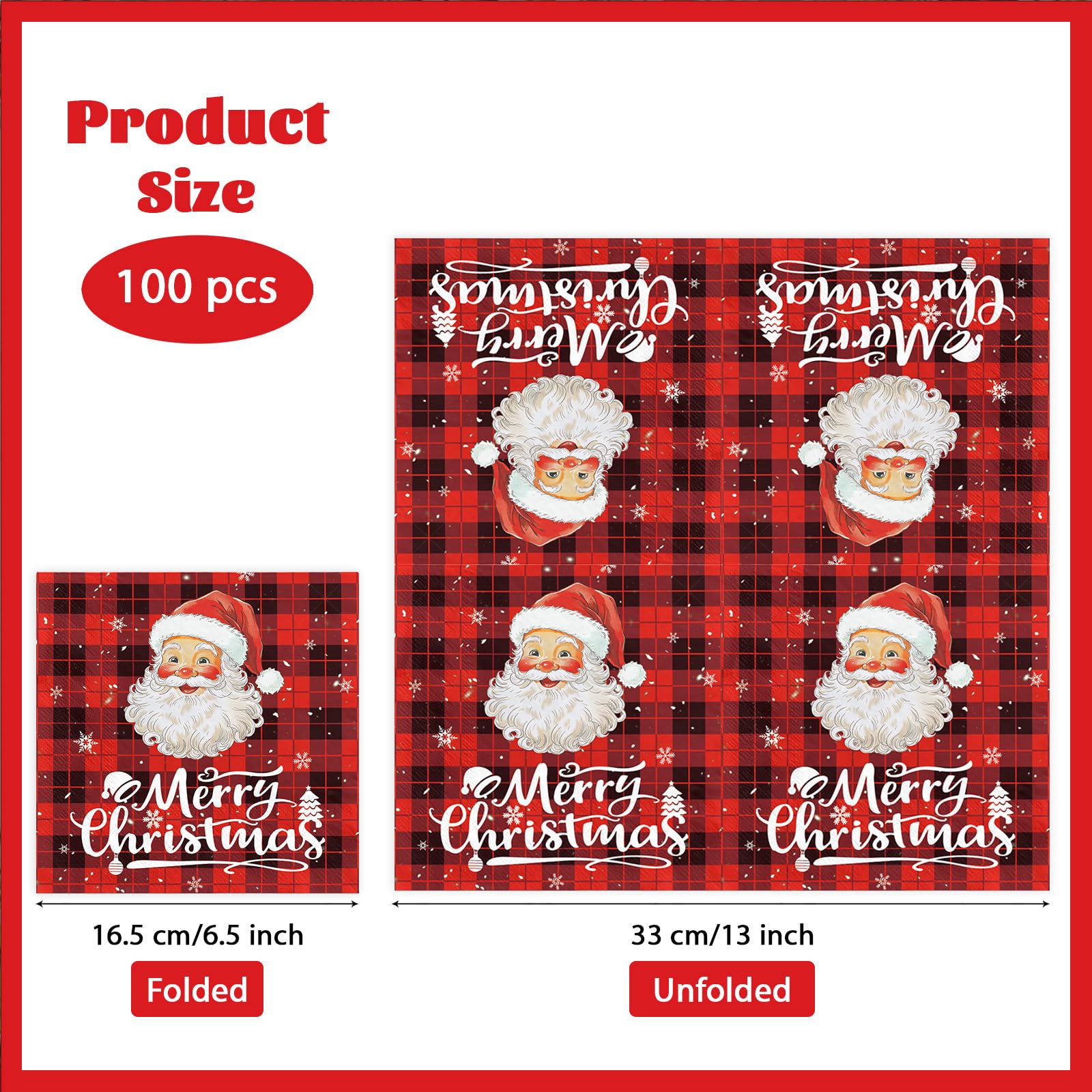 100 Pcs Buffalo Plaid Santa Claus Square Party Napkins - Grencian