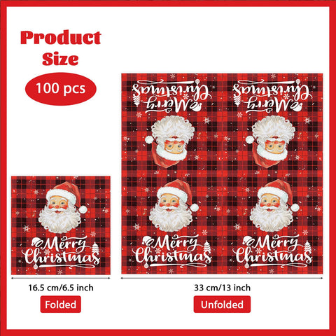 100 Pcs Buffalo Plaid Santa Claus Square Party Napkins - Grencian