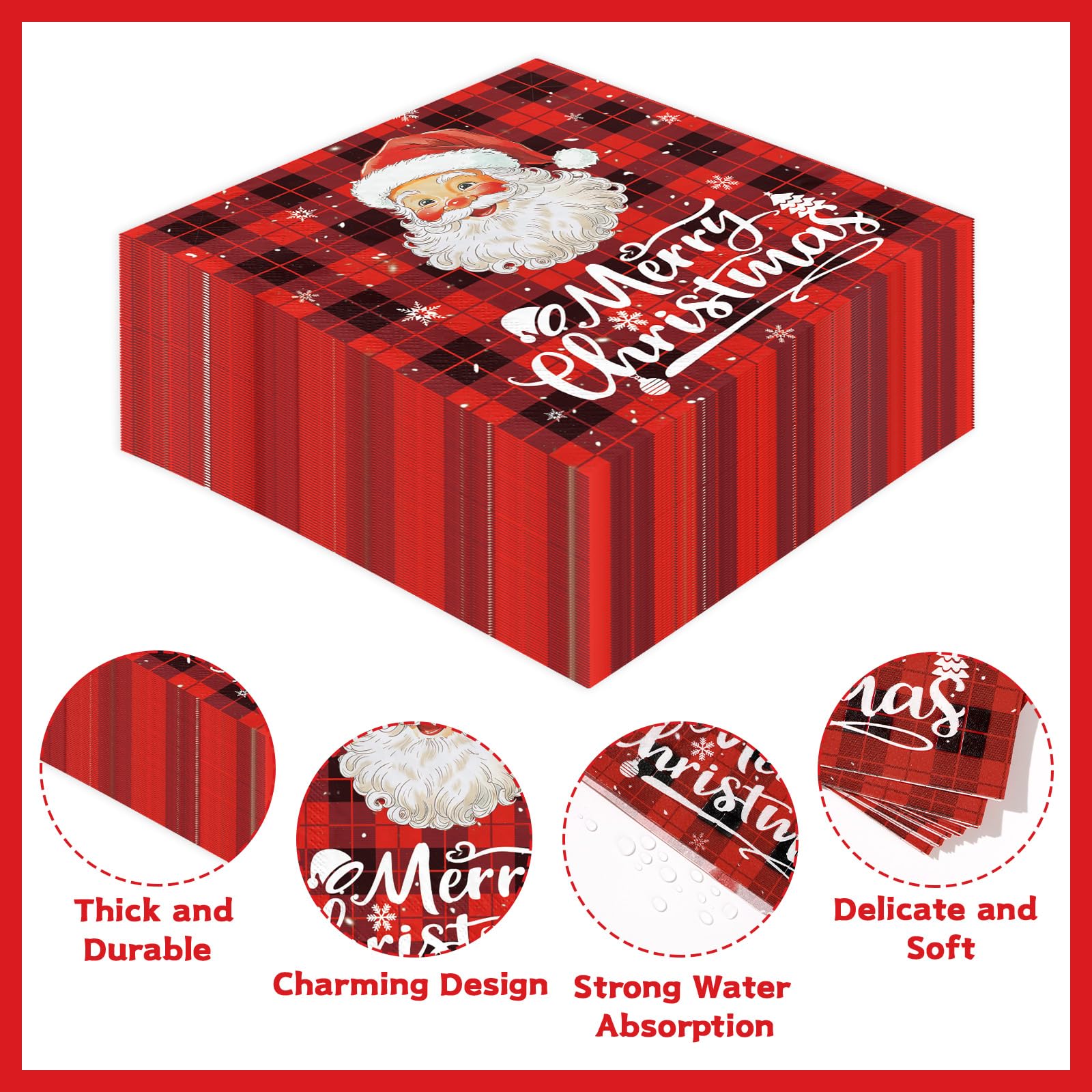 100 Pcs Buffalo Plaid Santa Claus Square Party Napkins - Grencian