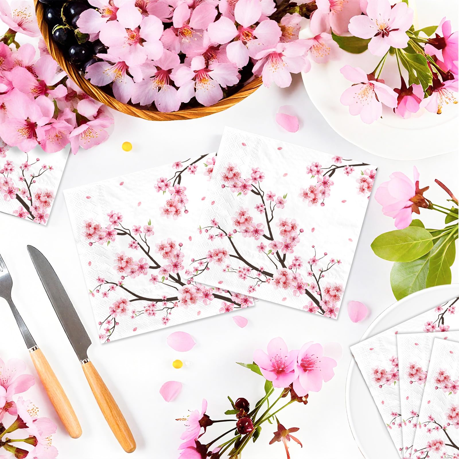 100 Pcs Cherry Blossom Square Party Napkins 2 Ply - Grencian