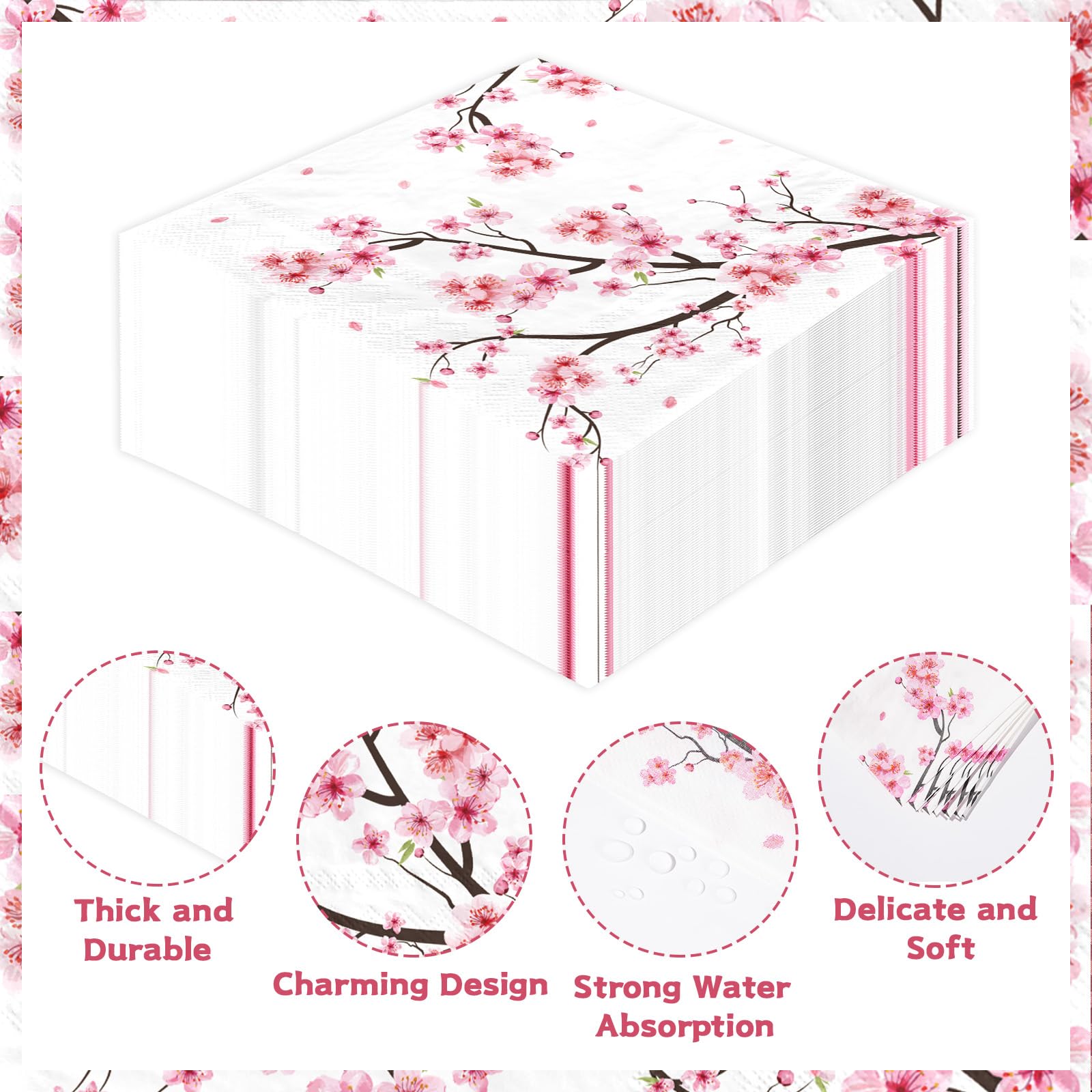 100 Pcs Cherry Blossom Square Party Napkins 2 Ply - Grencian
