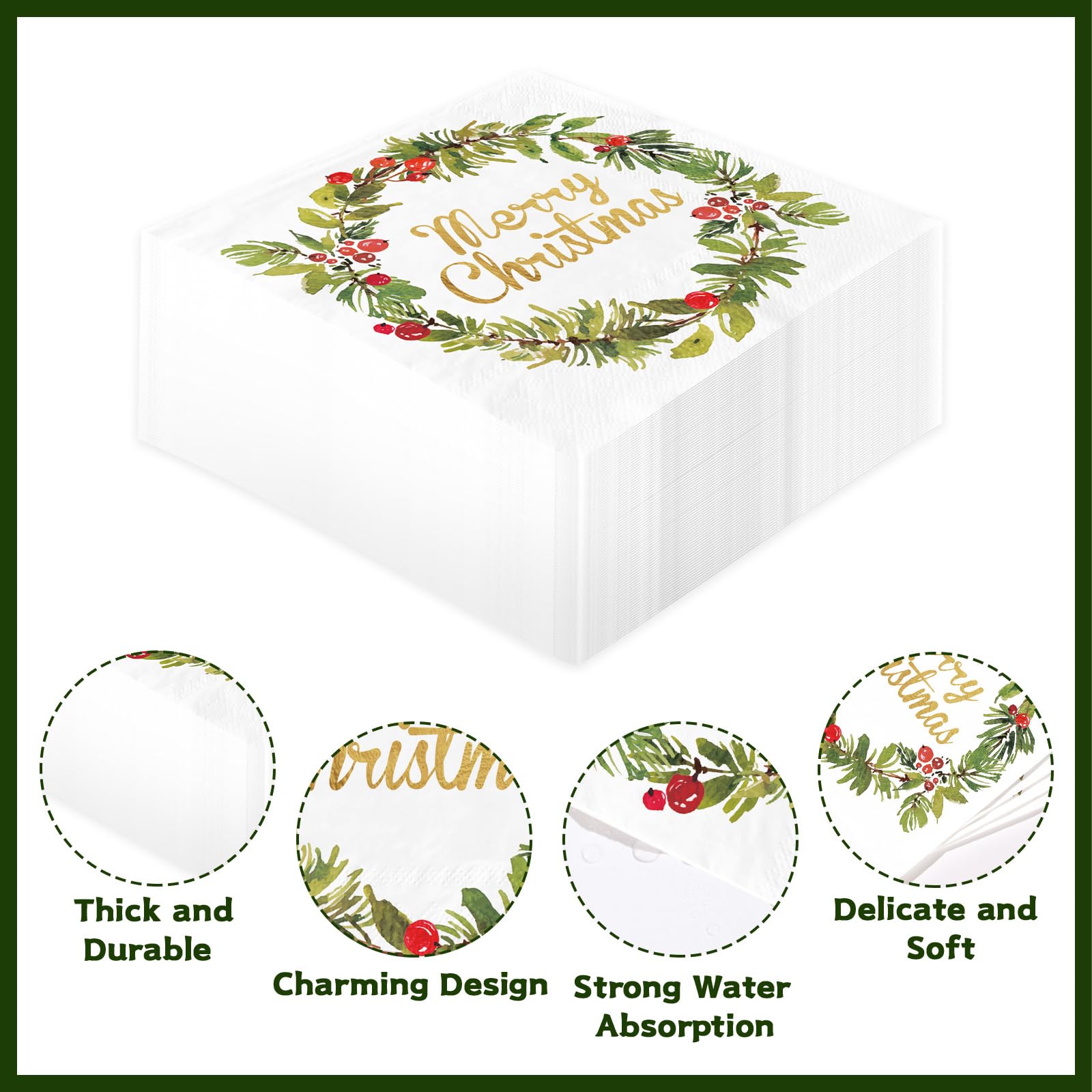 100 Pcs Christmas Plant Wreath Square Party Napkins - Grencian