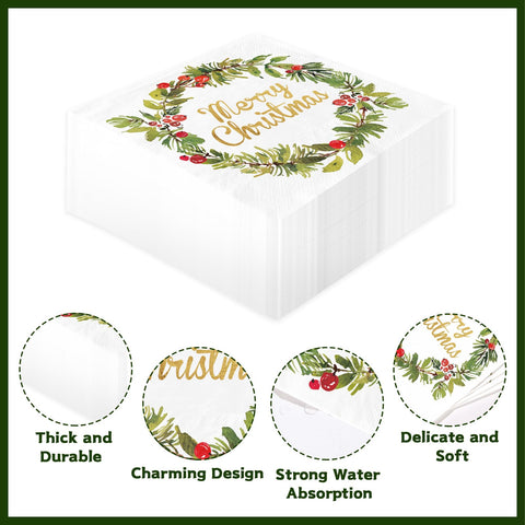 100 Pcs Christmas Plant Wreath Square Party Napkins - Grencian