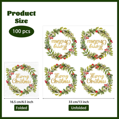 100 Pcs Christmas Plant Wreath Square Party Napkins - Grencian