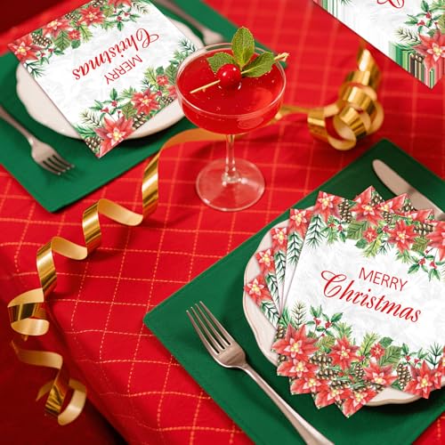 100 Pcs Christmas Poinsettia Square Party Napkins - Grencian