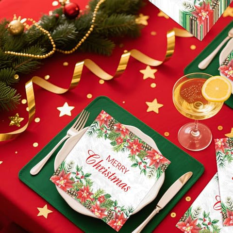 100 Pcs Christmas Poinsettia Square Party Napkins - Grencian
