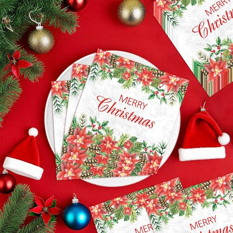 100 Pcs Christmas Poinsettia Square Party Napkins - Grencian