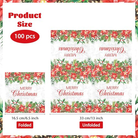 100 Pcs Christmas Poinsettia Square Party Napkins - Grencian