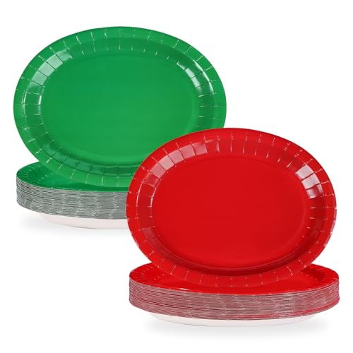 100 Pcs Christmas Red Green Oval Party Paper Plates - Grencian