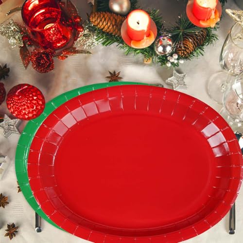 100 Pcs Christmas Red Green Oval Party Paper Plates - Grencian