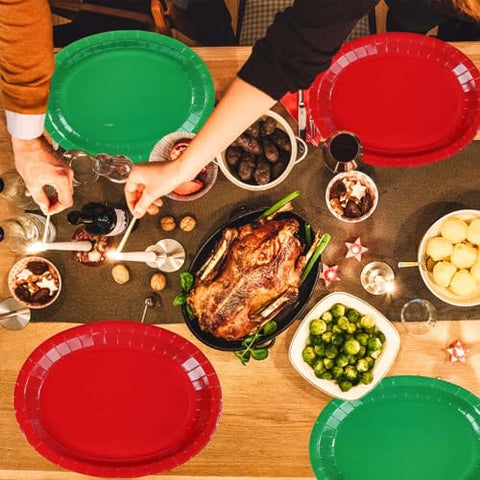 100 Pcs Christmas Red Green Oval Party Paper Plates - Grencian
