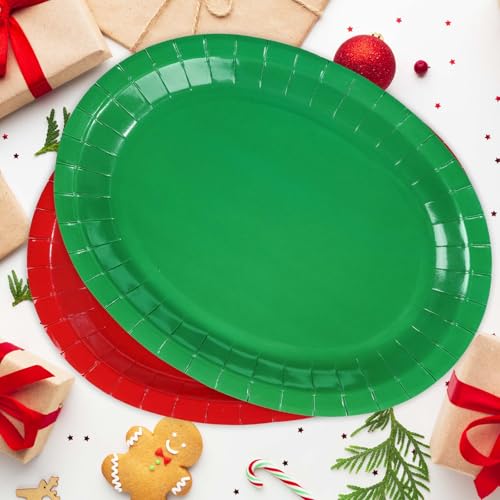 100 Pcs Christmas Red Green Oval Party Paper Plates - Grencian