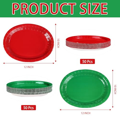 100 Pcs Christmas Red Green Oval Party Paper Plates - Grencian