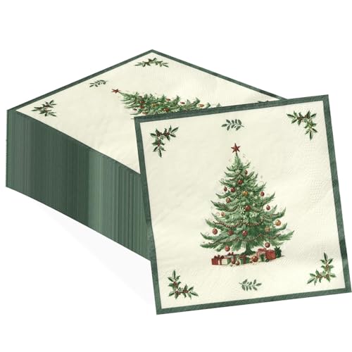 100 Pcs Christmas Tree Green Border Square Party Napkins - Grencian