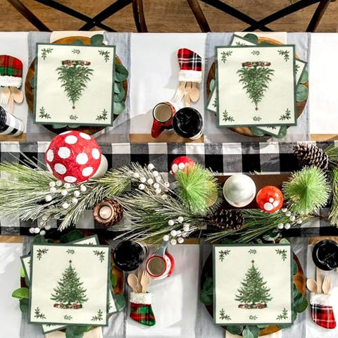 100 Pcs Christmas Tree Green Border Square Party Napkins - Grencian