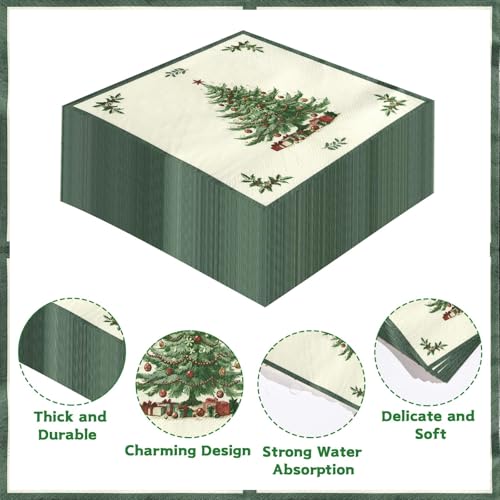 100 Pcs Christmas Tree Green Border Square Party Napkins - Grencian