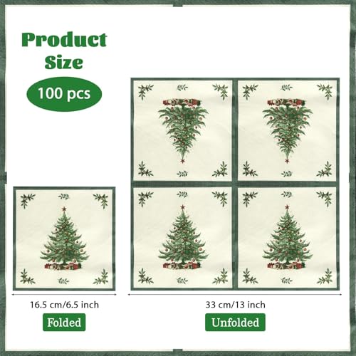 100 Pcs Christmas Tree Green Border Square Party Napkins - Grencian