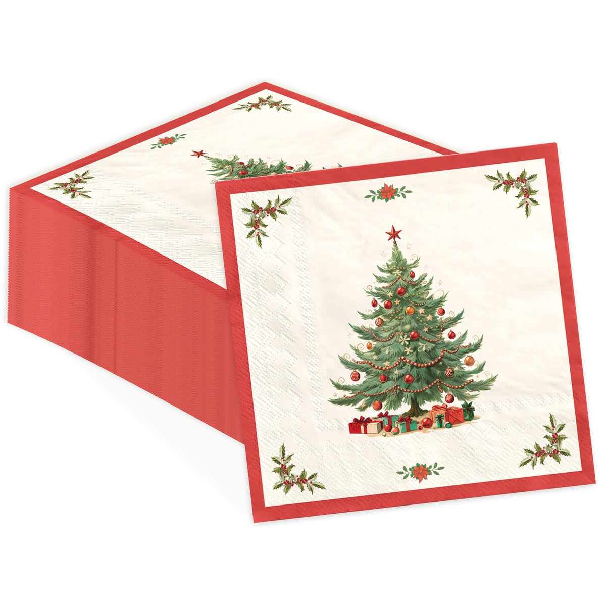 100 Pcs Christmas Tree Red Border Square Party Napkins - Grencian