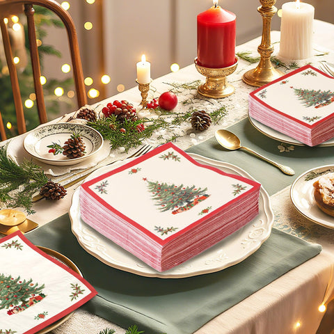 100 Pcs Christmas Tree Red Border Square Party Napkins - Grencian