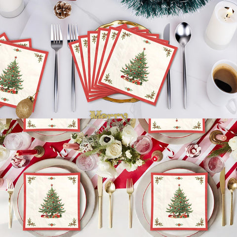 100 Pcs Christmas Tree Red Border Square Party Napkins - Grencian