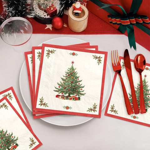 100 Pcs Christmas Tree Red Border Square Party Napkins - Grencian