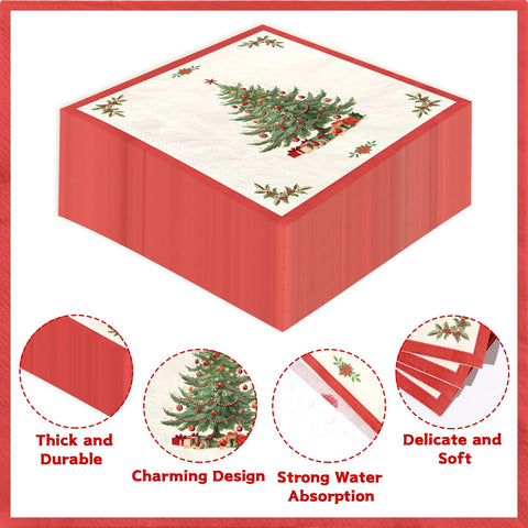 100 Pcs Christmas Tree Red Border Square Party Napkins - Grencian