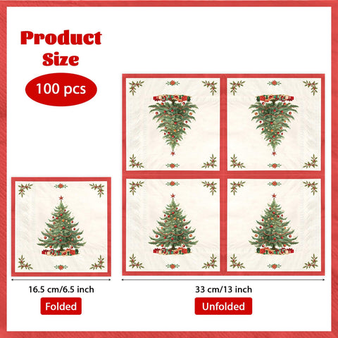 100 Pcs Christmas Tree Red Border Square Party Napkins - Grencian