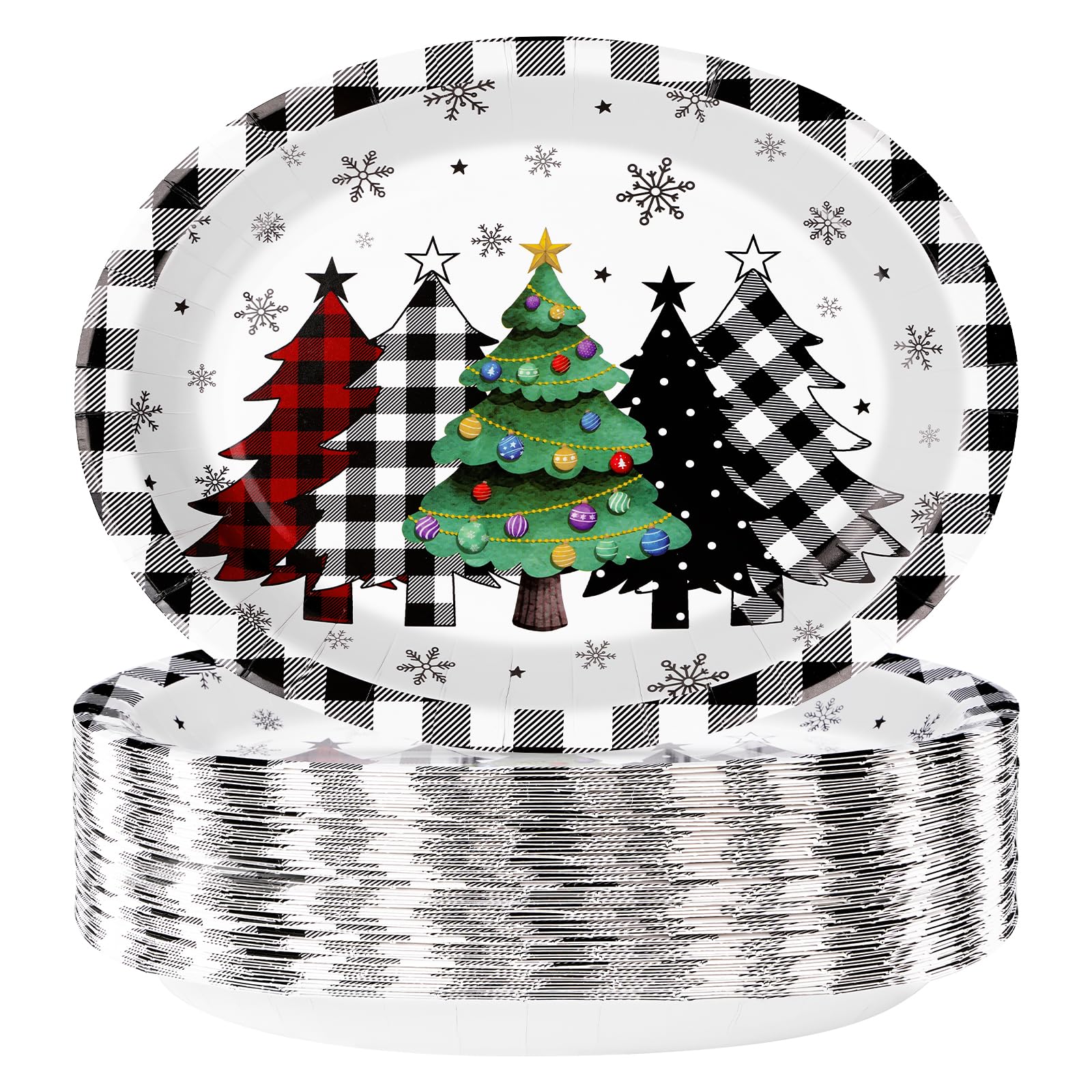 100 Pcs Christmas Trees Black Plaid Oval Party Paper Plates - Grencian