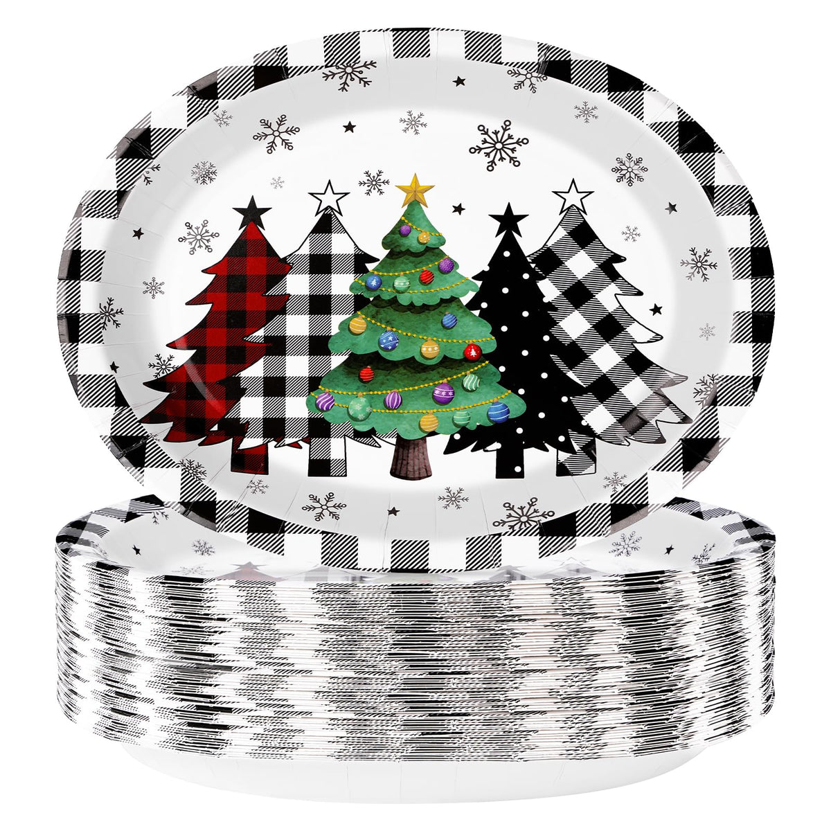 100 Pcs Christmas Trees Black Plaid Oval Party Paper Plates - Grencian