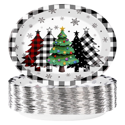 100 Pcs Christmas Trees Black Plaid Oval Party Paper Plates - Grencian