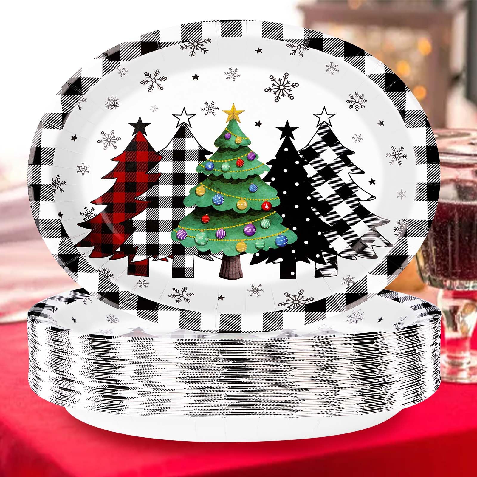 100 Pcs Christmas Trees Black Plaid Oval Party Paper Plates - Grencian