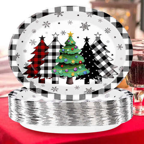100 Pcs Christmas Trees Black Plaid Oval Party Paper Plates - Grencian