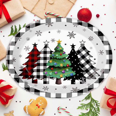 100 Pcs Christmas Trees Black Plaid Oval Party Paper Plates - Grencian