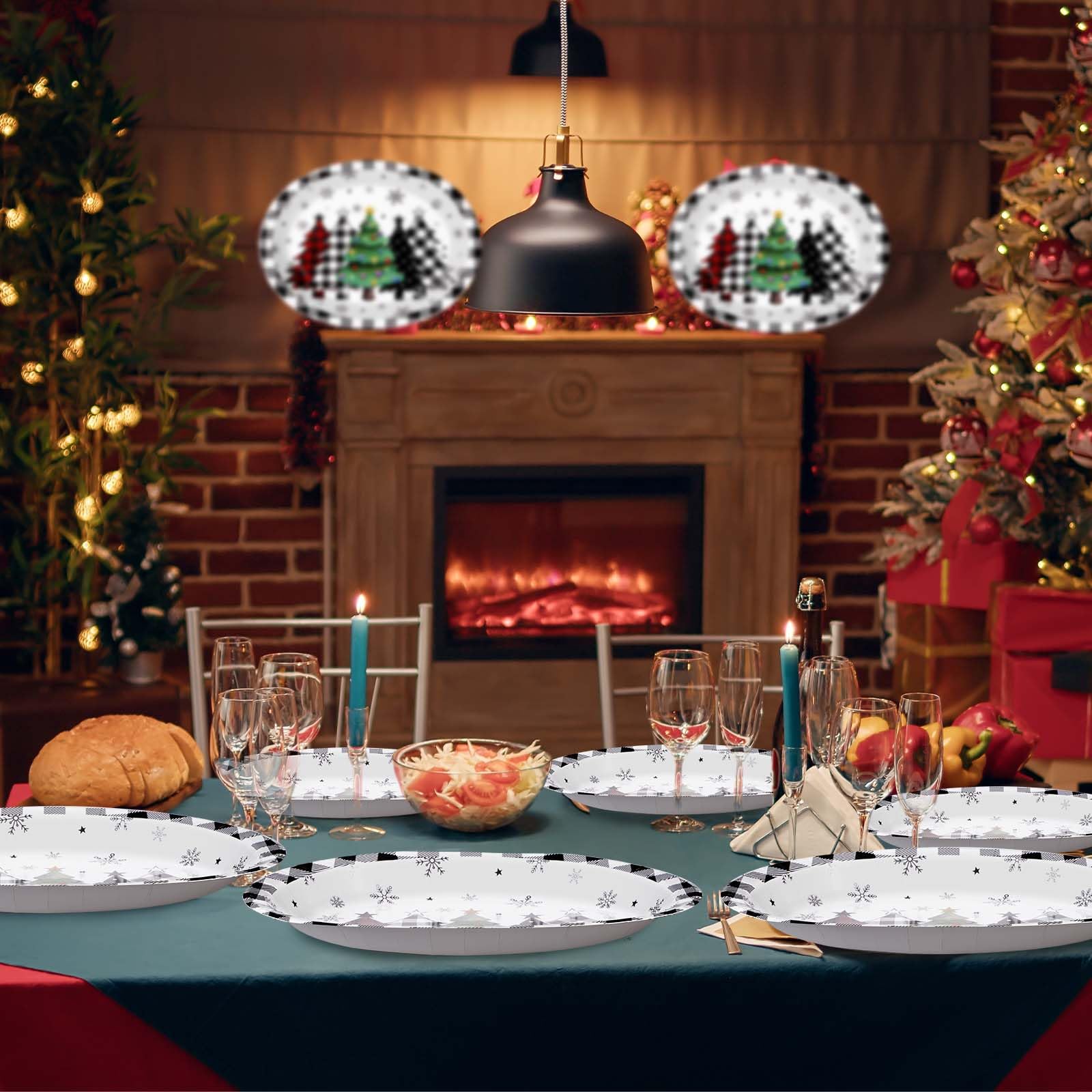 100 Pcs Christmas Trees Black Plaid Oval Party Paper Plates - Grencian