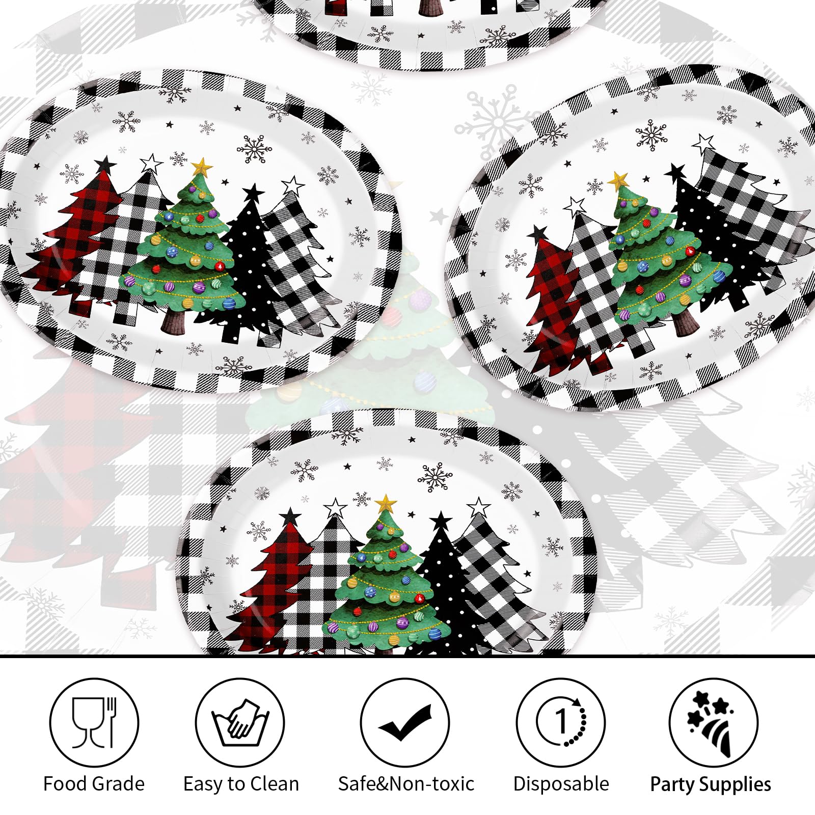 100 Pcs Christmas Trees Black Plaid Oval Party Paper Plates - Grencian
