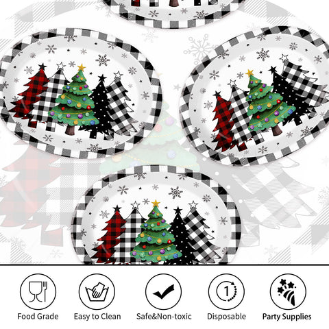 100 Pcs Christmas Trees Black Plaid Oval Party Paper Plates - Grencian