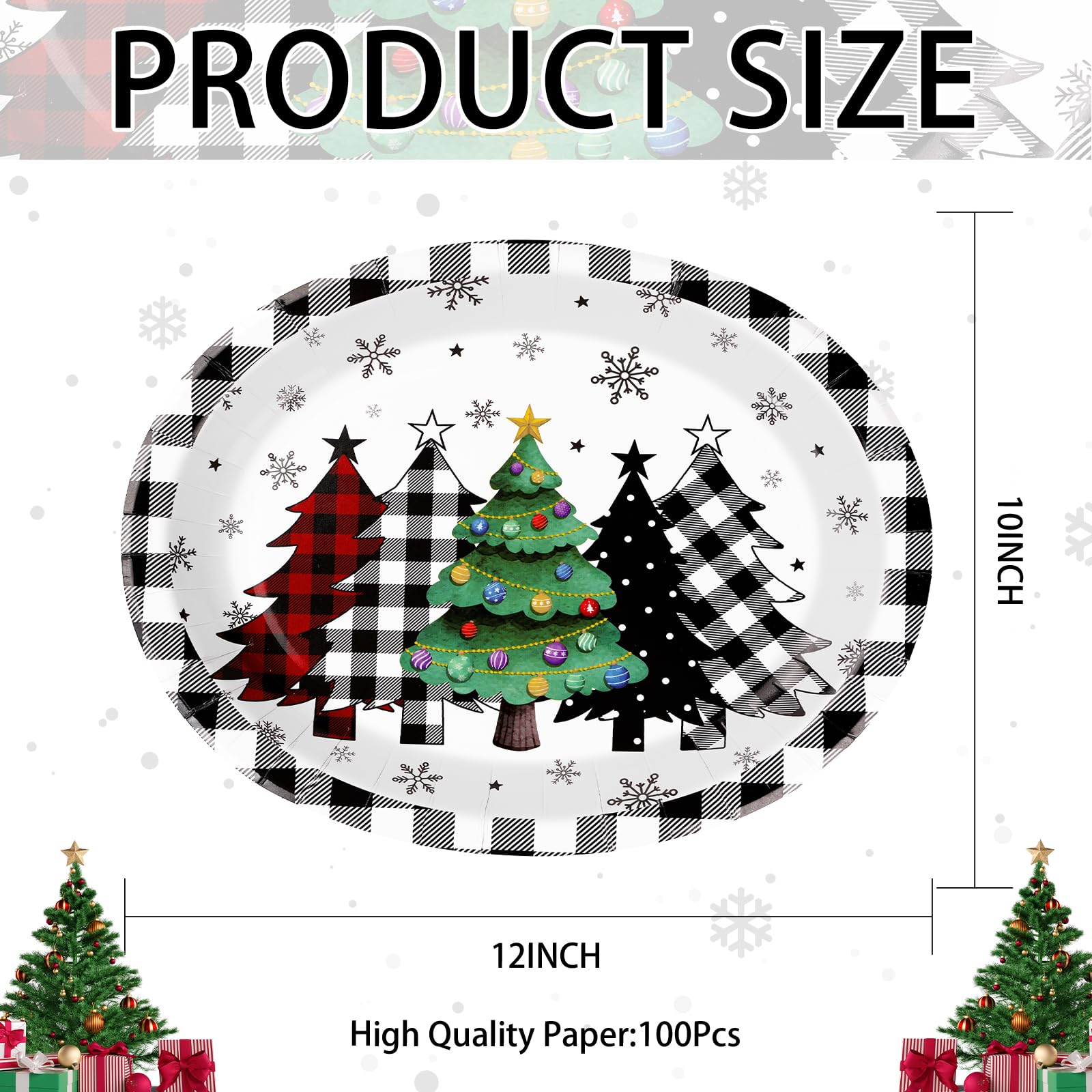 100 Pcs Christmas Trees Black Plaid Oval Party Paper Plates - Grencian