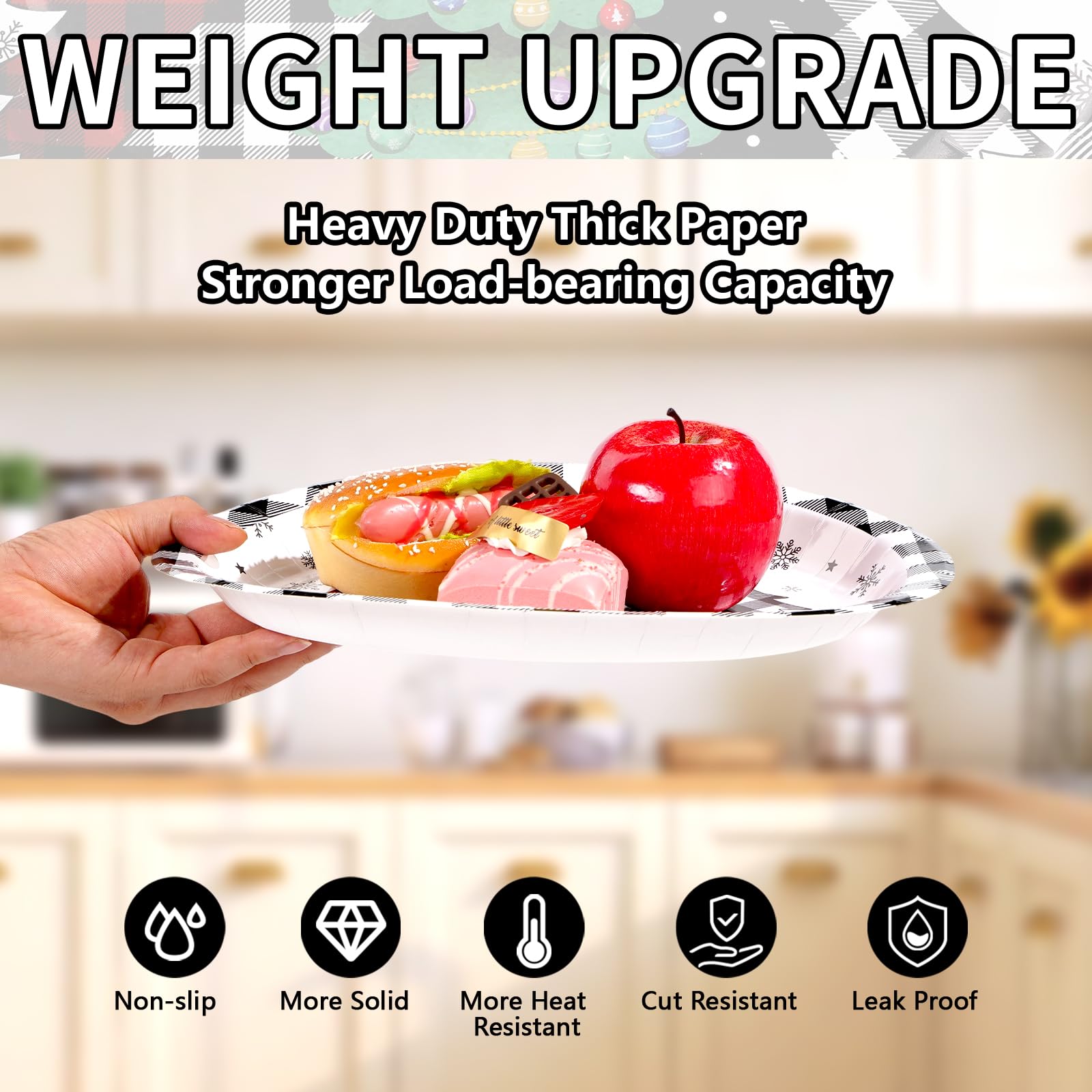 100 Pcs Christmas Trees Black Plaid Oval Party Paper Plates - Grencian