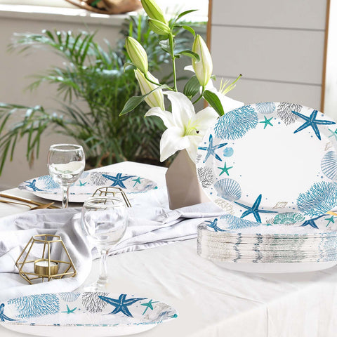 100 Pcs Coastal Coral Oval Party Paper Plates - Grencian