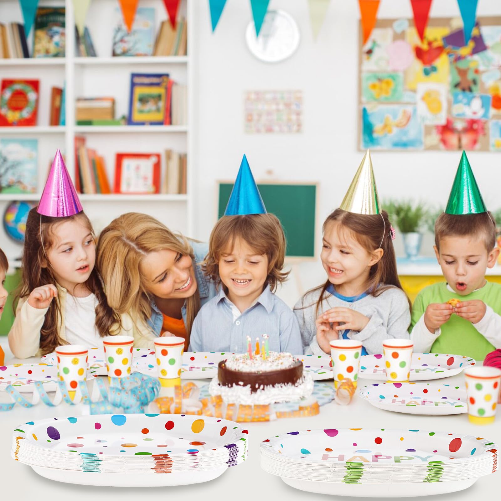 100 Pcs Colorful Dots Birthday Oval Party Paper Plates - Grencian