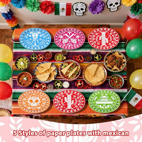 100 Pcs Colorful Mexican Fiesta Oval Party Paper Plates - Grencian