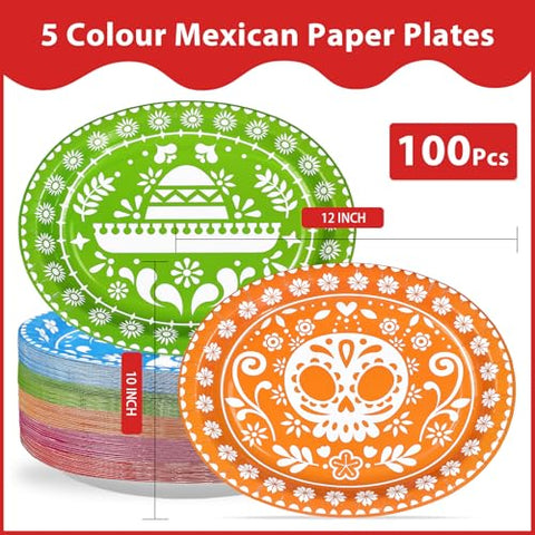 100 Pcs Colorful Mexican Fiesta Oval Party Paper Plates - Grencian