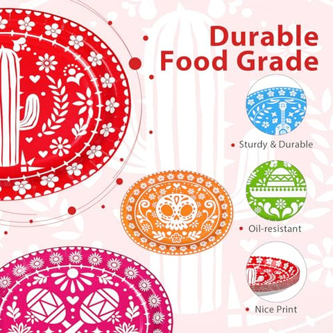 100 Pcs Colorful Mexican Fiesta Oval Party Paper Plates - Grencian