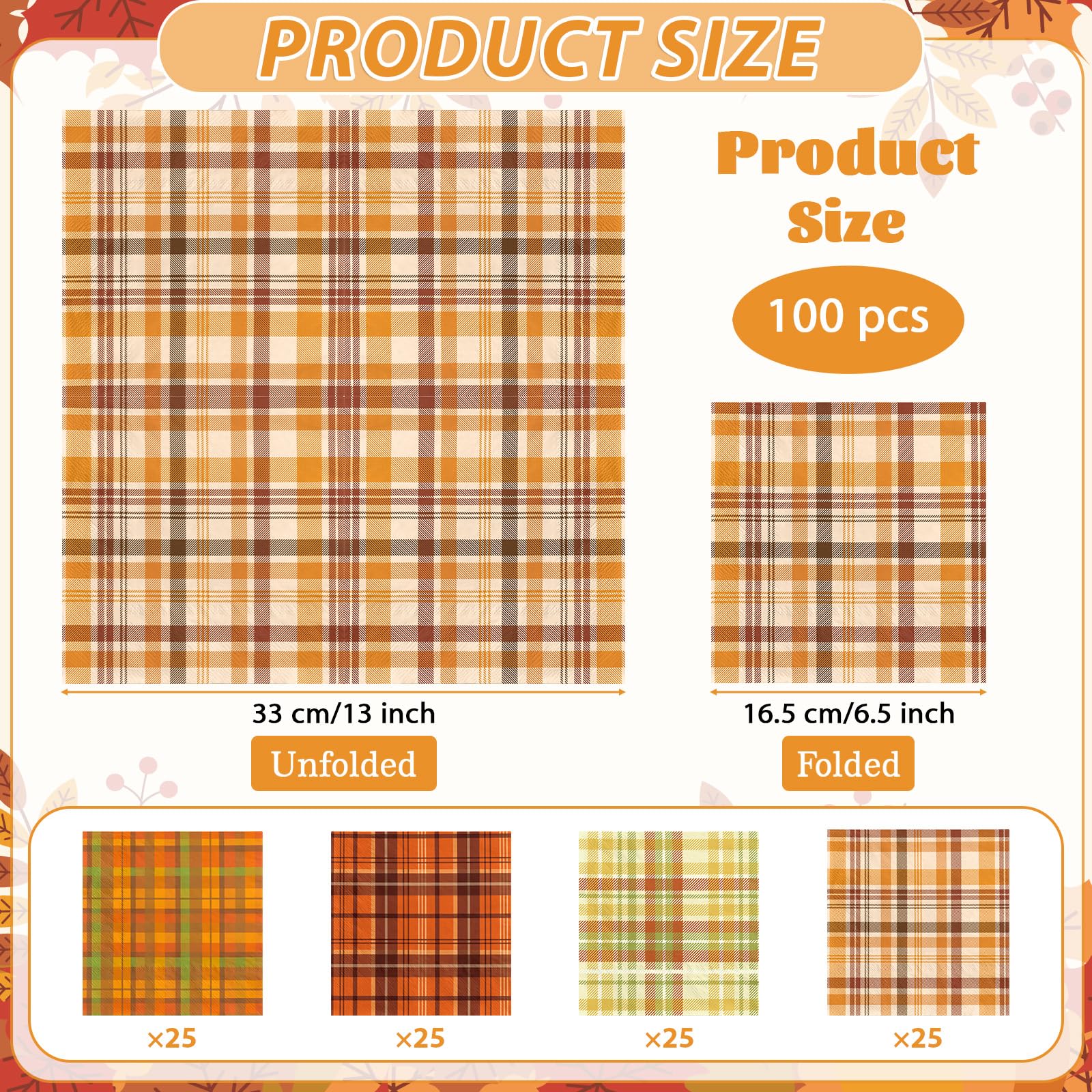 100 Pcs Fall Gingham Square Party Napkins 2 Ply - Grencian